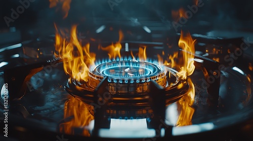 Bright blue flames dancing on a gas stove, illuminating a kitchen background with smoke photo