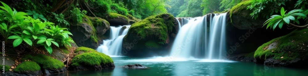Fototapeta premium Serene rainforest waterfall cascading over moss-covered rocks , rainforest, picture