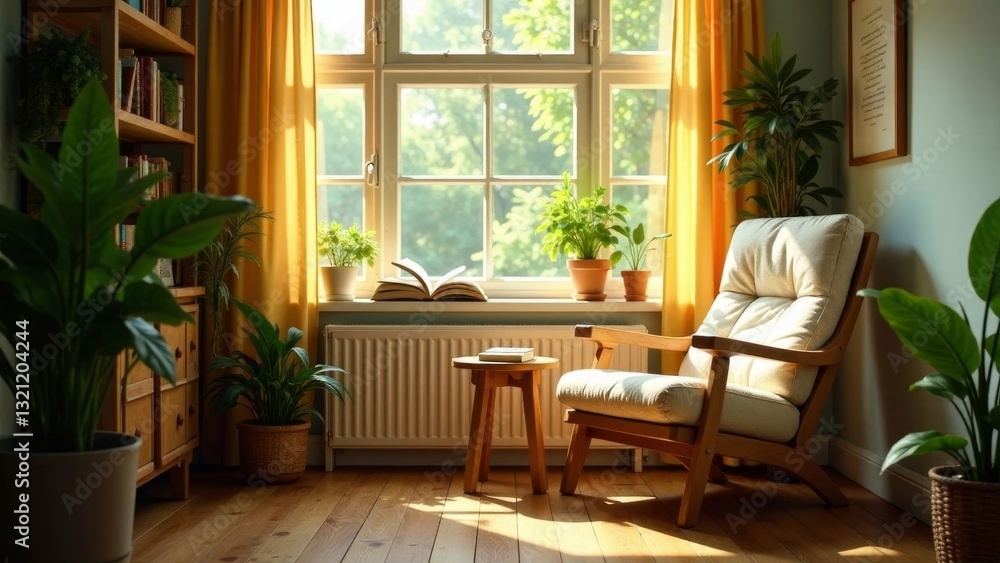 Sunlight streams through window illuminating cozy reading nook with armchair, houseplants, and bookshelf Sunlight streams through window illuminating cozy reading nook with armchair, houseplants, and bookshelf