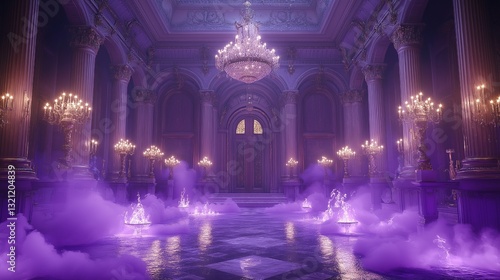 Fantasy palace interior with glowing purple mist and chandeliers