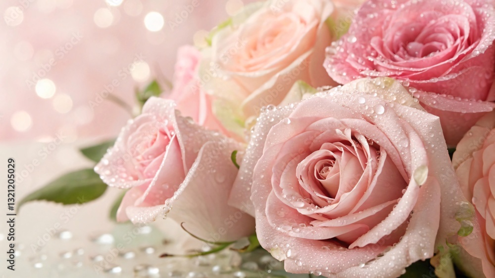 Close-Up of Pink Roses with Dewdrops and Soft Dreamy Atmosphere Close-Up of Pink Roses with Dewdrops and Soft Dreamy Atmosphere