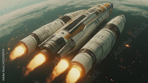 Futuristic spaceship launching into space with powerful engines