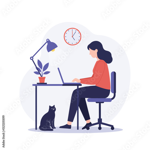 Woman working at desk with cat in minimal flat vector illustration