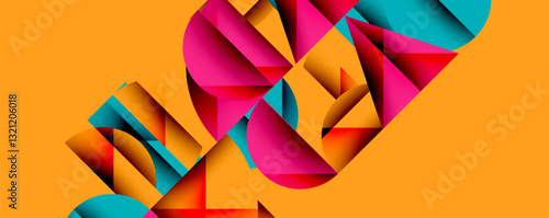 Abstract geometric pattern with intersecting circles and triangles in gradients. The high-contrast composition creates depth and a dynamic, modern aesthetic