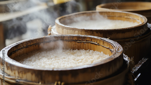 Delicious steaming rice in traditional bamboo steamers ready for serving. photo