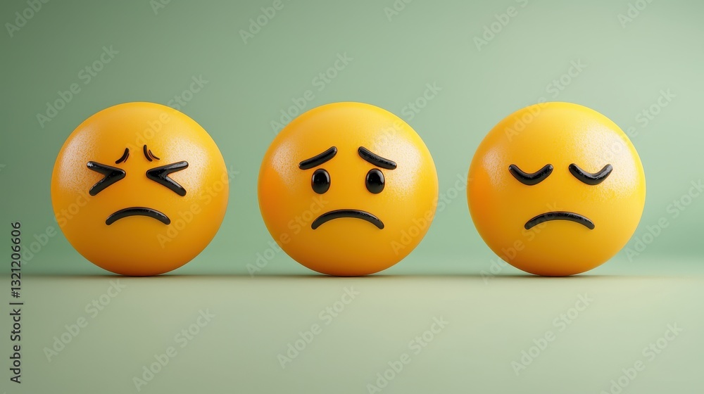 Three yellow emoji balls with different sad expressions. Concept of sadness, depression, and negative emotions. Three yellow emoji balls with different sad expressions. Concept of sadness, depression, and negative emotions.