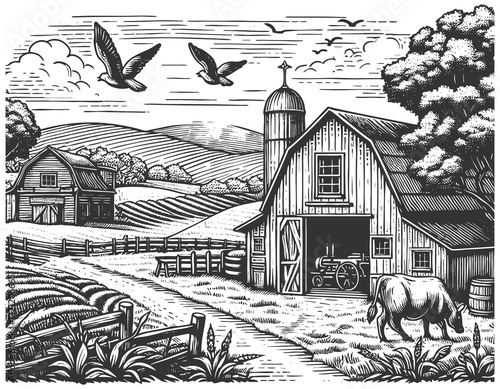 Farm Scene with Horses Barn raster illustration