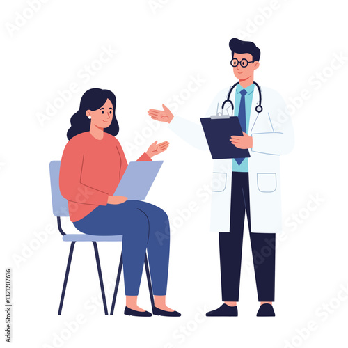 Medical consultation scene featuring doctor and patient in flat vector illustration