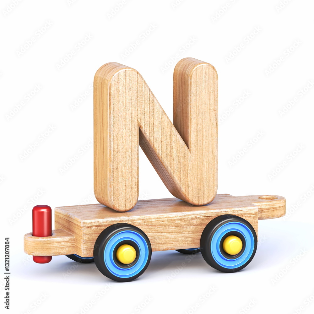 Wooden toy train font Letter N 3D