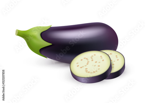 Organic and ecological eggplant. Vector isolated realistic aubergine sliced for cooking, natural product for vegans and vegetarians. Tasty dieting and nourishment, ripen ingredient in shop
