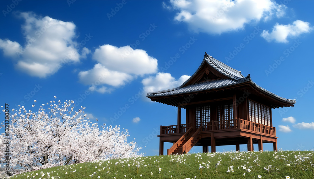 Wooden Japanese Pavilion Amidst Cherry Blossoms Wooden Japanese Pavilion Amidst Cherry Blossoms