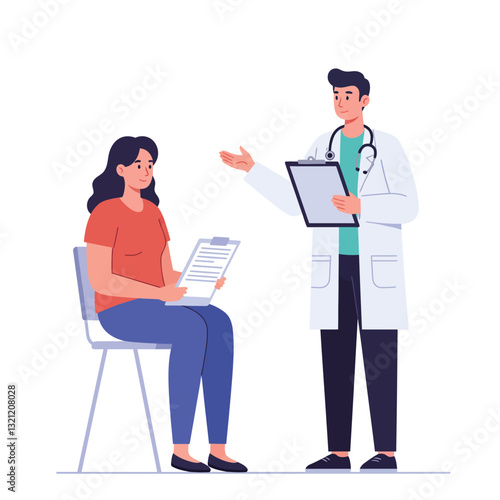 Doctor explaining health information to patient in minimal flat vector illustration