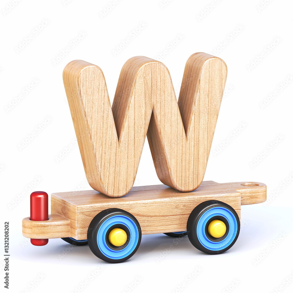Wooden toy train font Letter W 3D