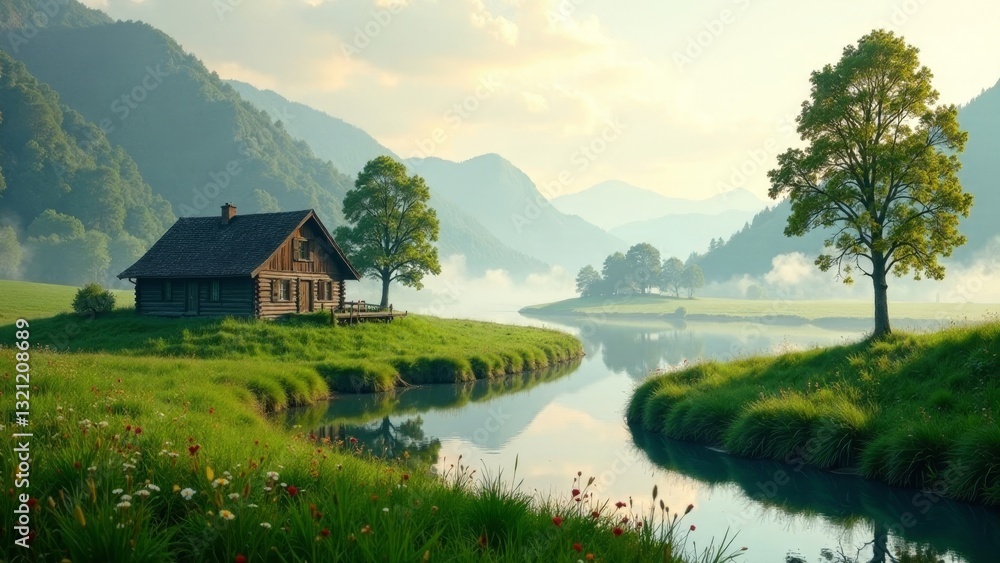 Serene Lakeside Cabin nestled in a verdant valley, surrounded by majestic mountains and a tranquil river reflecting the morning mist Serene Lakeside Cabin nestled in a verdant valley, surrounded by majestic mountains and a tranquil river reflecting the morning mist