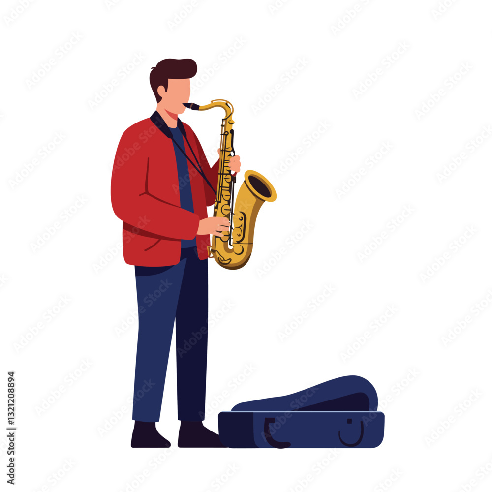 Fototapeta premium Musician playing saxophone in vibrant red jacket, minimal flat design vector art