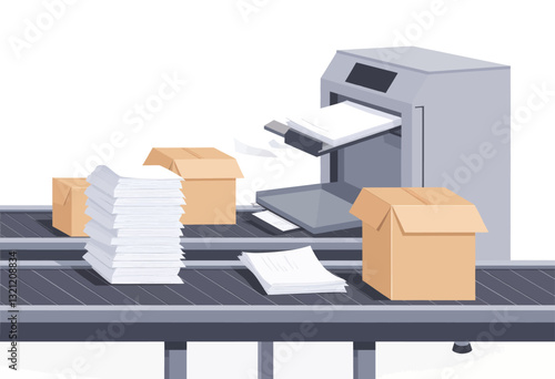 Office Printer with Paper Stacks and Boxes