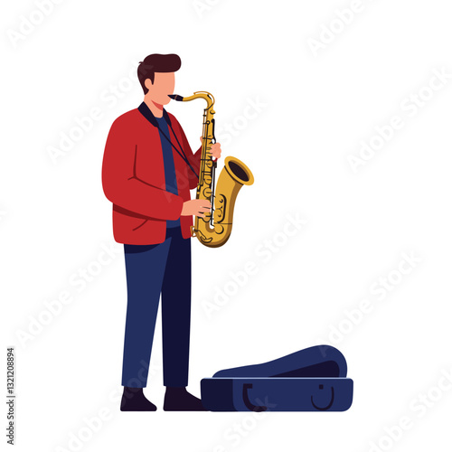 Musician playing saxophone in vibrant red jacket, minimal flat design vector art