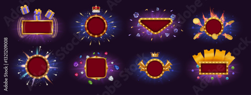 Casino special offers and promotion labels with crowns, gemstones and diamonds. Vector realistic banners with coins and presents, spinning frames with light, trumpets and burst of light