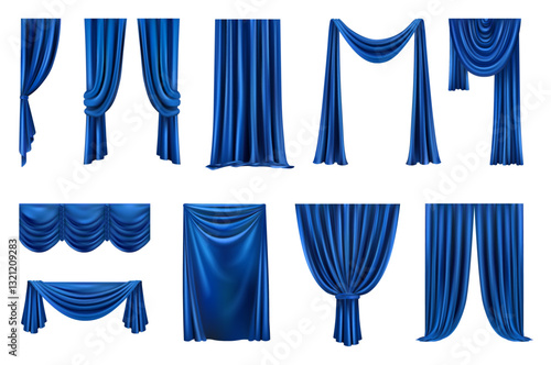 Luxury blue silk velvet curtains and draperies and pelmet for window or theater stage decoration. Vector realistic, interior decoration design ideas, collection of elegant fabric texture