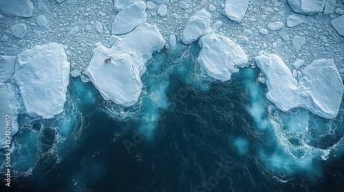 Aerial View of Ice Floes on Dark Blue Water in Cold Weather Climate Scenery Background Landscape