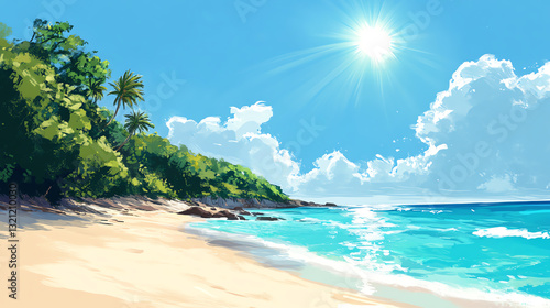 A serene beach scene with bright sun  shimmering ocean  and lush green palm trees.