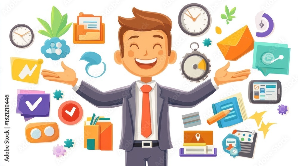 Happy Businessman Juggling Multiple Tasks and Projects Successfully Happy Businessman Juggling Multiple Tasks and Projects Successfully