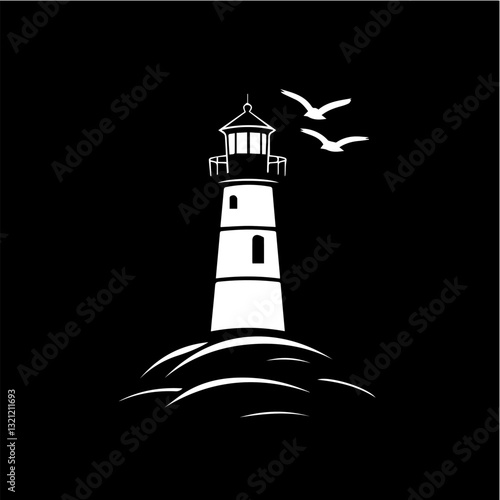 Black and white illustration of a lighthouse. Navigation for sailors.