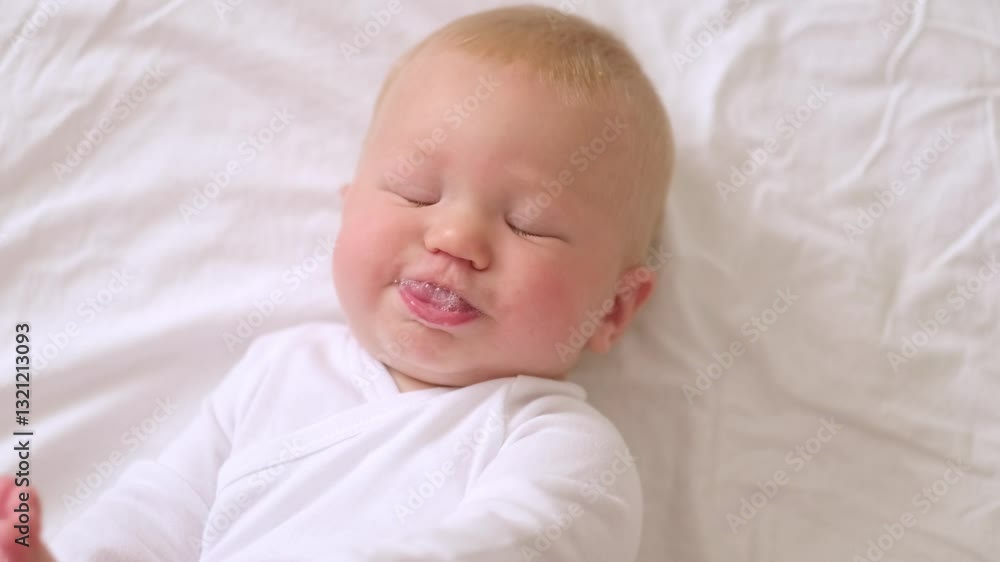 Portrait baby in white onesie lies on soft bed, lifting its legs and grabbing them with tiny hands, infant appears playful, body coordination, baby growth, home comfort, childhood curiosity Portrait baby in white onesie lies on soft bed, lifting its legs and grabbing them with tiny hands, infant appears playful, body coordination, baby growth, home comfort, childhood curiosity