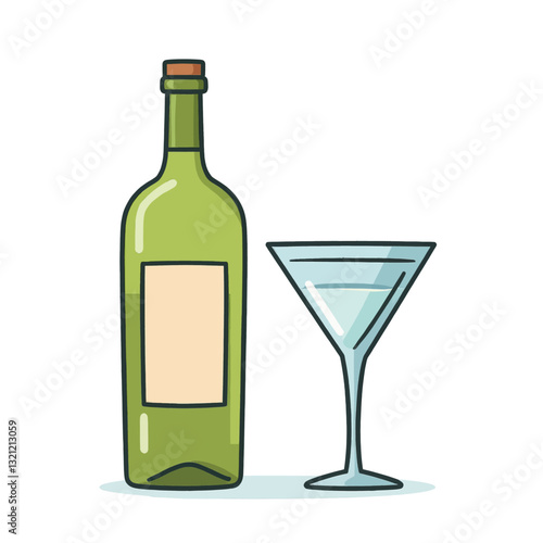 Green Bottle and Martini Glass Illustration