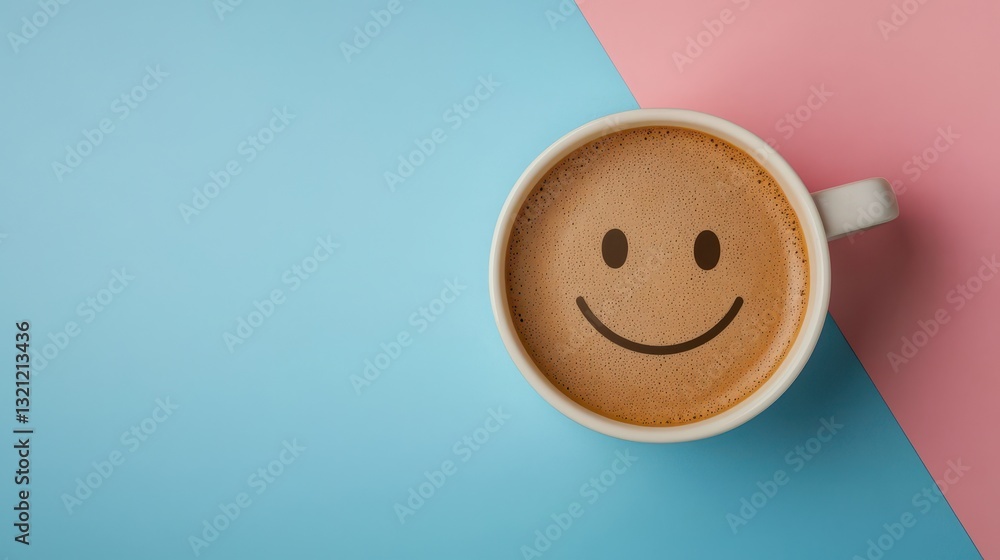 Coffee cup with a smiley face on a blue and pink background. Concept of happiness, positivity, and good morning. Coffee cup with a smiley face on a blue and pink background. Concept of happiness, positivity, and good morning.