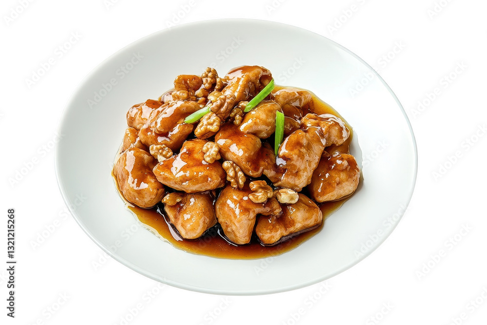 Delicious walnut chicken served in a pristine white bowl, showcasing tender pieces of chicken coated in rich brown sauce with crunchy walnuts, garnished with green onion, ideal for a satisfying meal Delicious walnut chicken served in a pristine white bowl, showcasing tender pieces of chicken coated in rich brown sauce with crunchy walnuts, garnished with green onion, ideal for a satisfying meal
