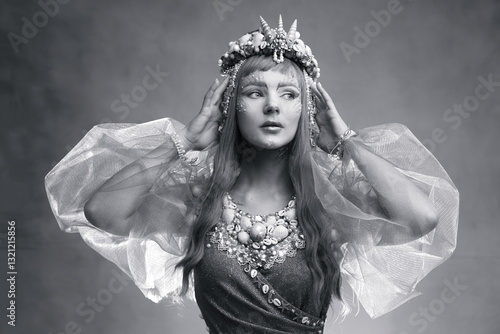 Ethereal mermaid portrait in monochrome
