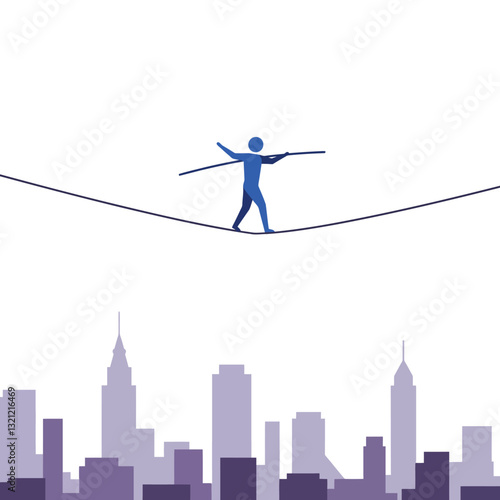 Tightrope walker balancing above city skyline in minimal vector art