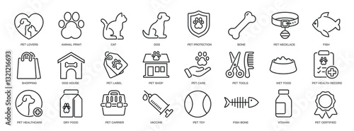 Set of collection line icons related pet, animal, dog, cat. Editable stroke. Perfect pixel on transparent background