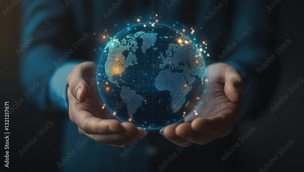 businessman holding a digital globe with a futuristic network of glowing connections representing global technology innovation communication and connectivity businessman holding a digital globe with a futuristic network of glowing connections representing global technology innovation communication and connectivity