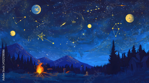 A school astronomy night with large sketches of moons, constellations, and campfire icons