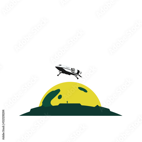 Rocket launching from a green hill with a large yellow sun in flat vector art