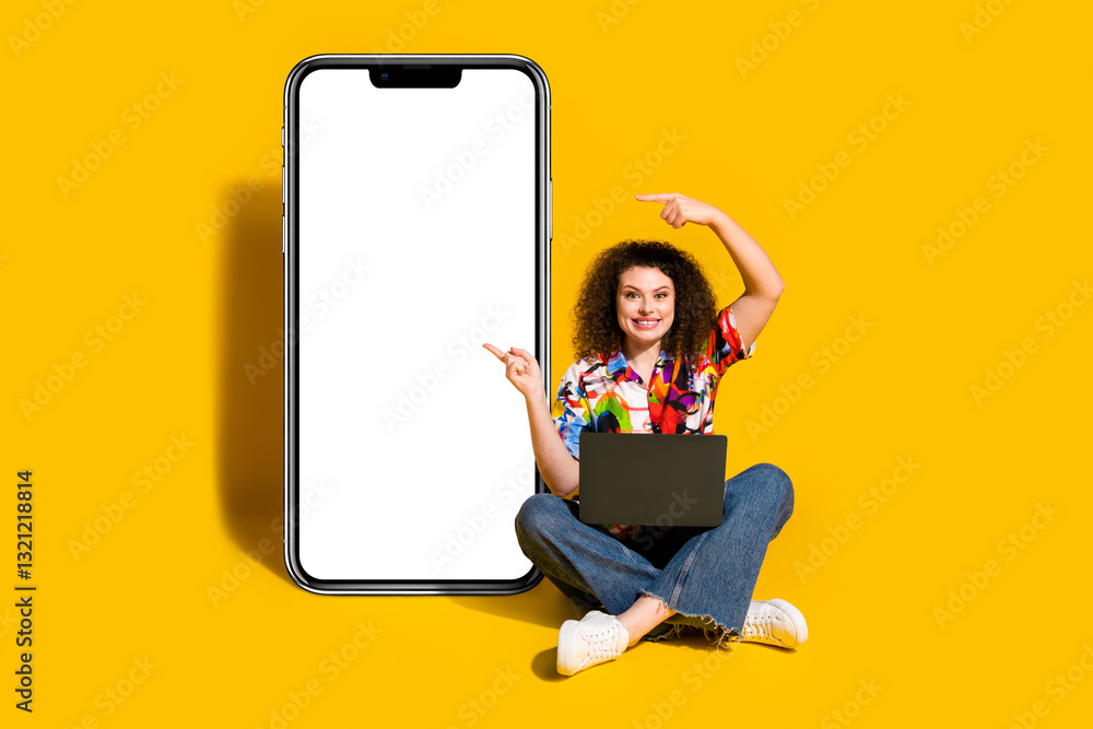 Φωτογραφία Full length photo of lovely lady point big smartphone netbook dressed stylish co
