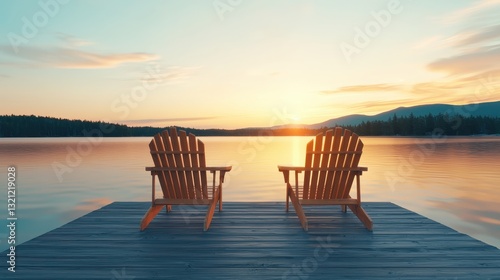Two Adirondack chairs on a dock overlooking a calm lake at sunset. Concept of relaxation  vacation  and tranquility.