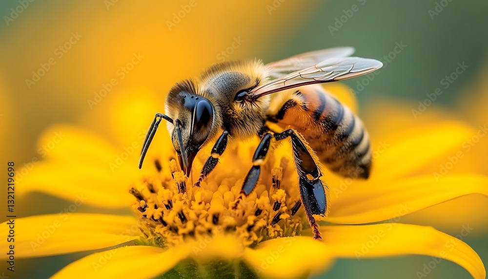 Honeybee pollinating a yellow flower. Honeybee pollinating a yellow flower.