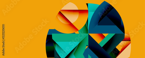 Abstract geometric artwork with interwoven angular and curved shapes, dynamic composition with smooth gradients and bold contrasts