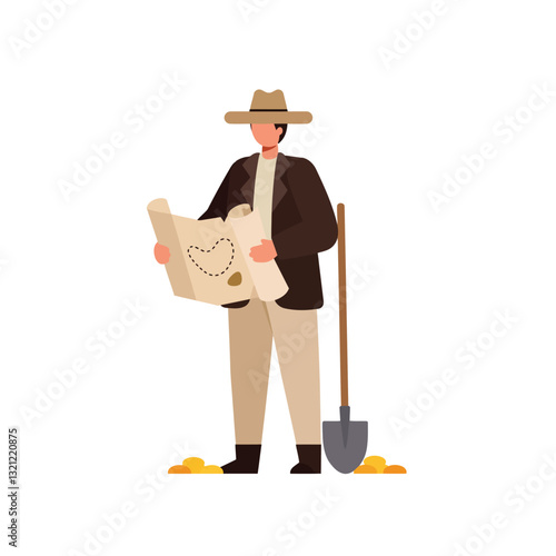 Treasure hunter with map and shovel in flat vector art style