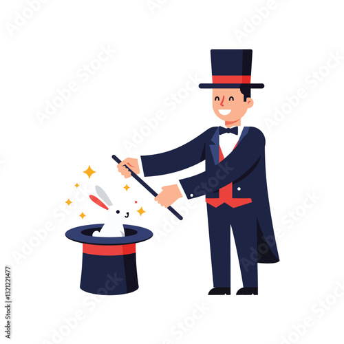 Magician performing a magic trick with a rabbit in a top hat flat vector art
