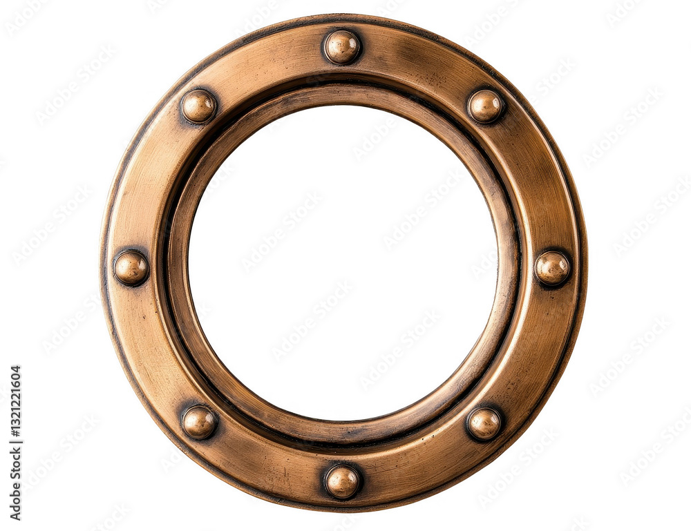Round porthole frame design with metallic finish for nautical themed decor or display, featuring circular shape and decorative rivets for enhanced aesthetics and vintage appeal Round porthole frame design with metallic finish for nautical themed decor or display, featuring circular shape and decorative rivets for enhanced aesthetics and vintage appeal