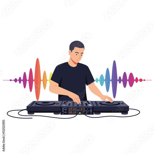 DJ mixing music with colorful sound waves in flat vector illustration
