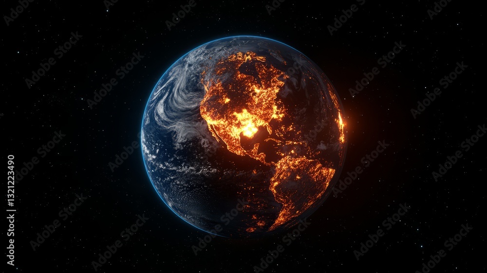 Fototapeta premium The Earth engulfed in fiery explosions, its surface breaking into fragments 