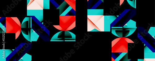 Abstract geometric artwork with interwoven angular and curved shapes, dynamic composition with smooth gradients and bold contrasts