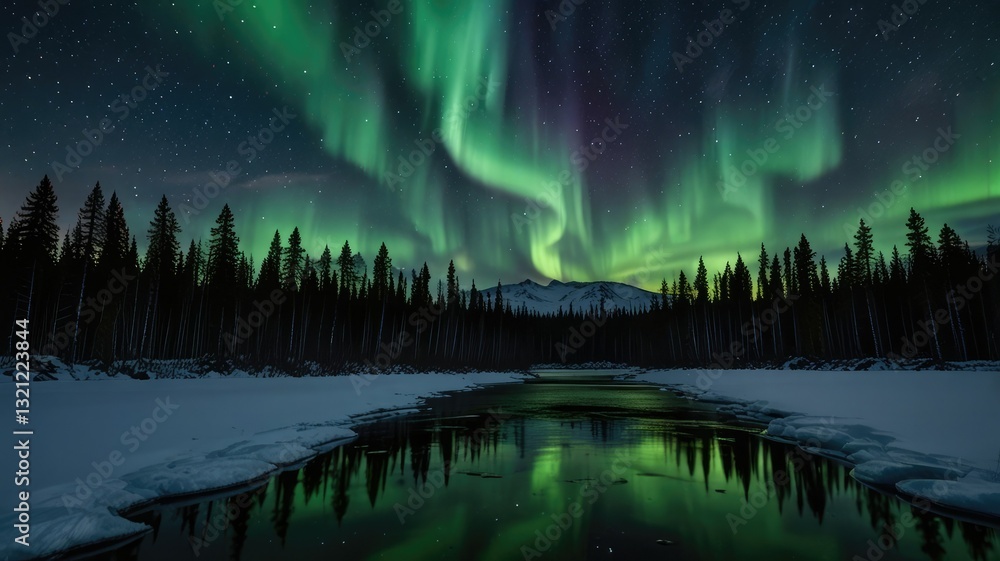 Fototapeta premium Immerse yourself in enchanting embrace of untamed wilderness, where a humble tent nestles beneath ethereal Northern Aurora, inviting you to embark on a captivating journey of adventure and communion w