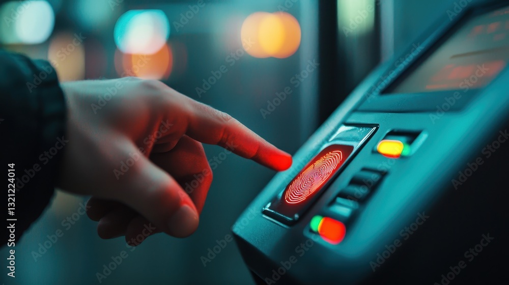 Obraz premium A close-up of a hand pressing a button on a ticket machine, illuminated by colorful lights, suggesting interaction with transport technology.