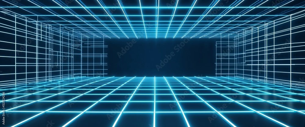 Obraz premium cyan mesh grid glowing light rays on cyan dark background motion and energy concept modern and futuristic digital abstract artwork background